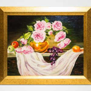 oil painting still-life peonies and fruits