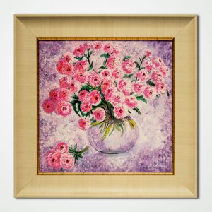 oil painting still-life vase pink flowers on a purple background